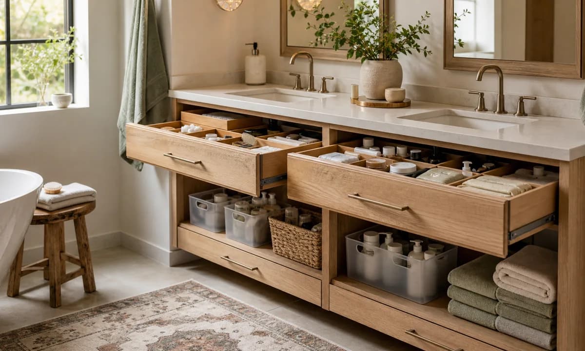 Clean, organized bathroom with clear counter space and labeled storage bins